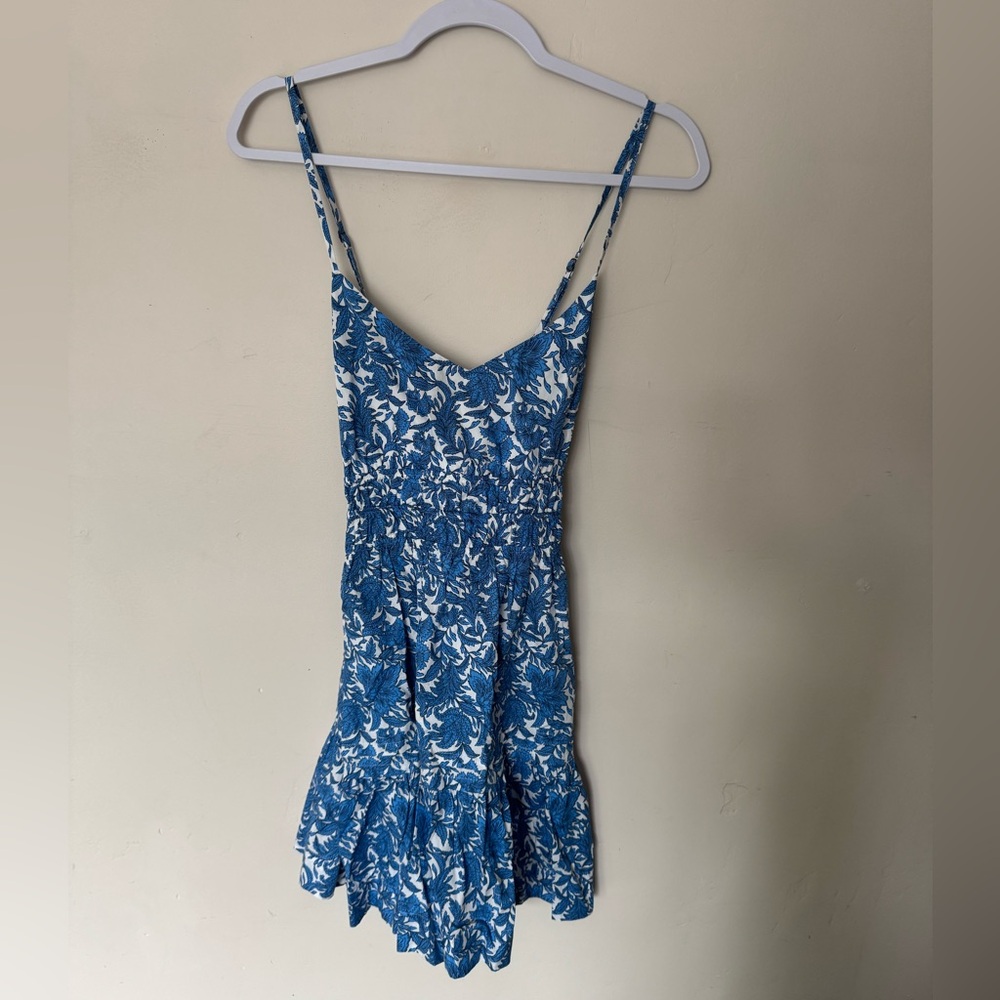 Anthropologie Blue and White Leaf Print Romper